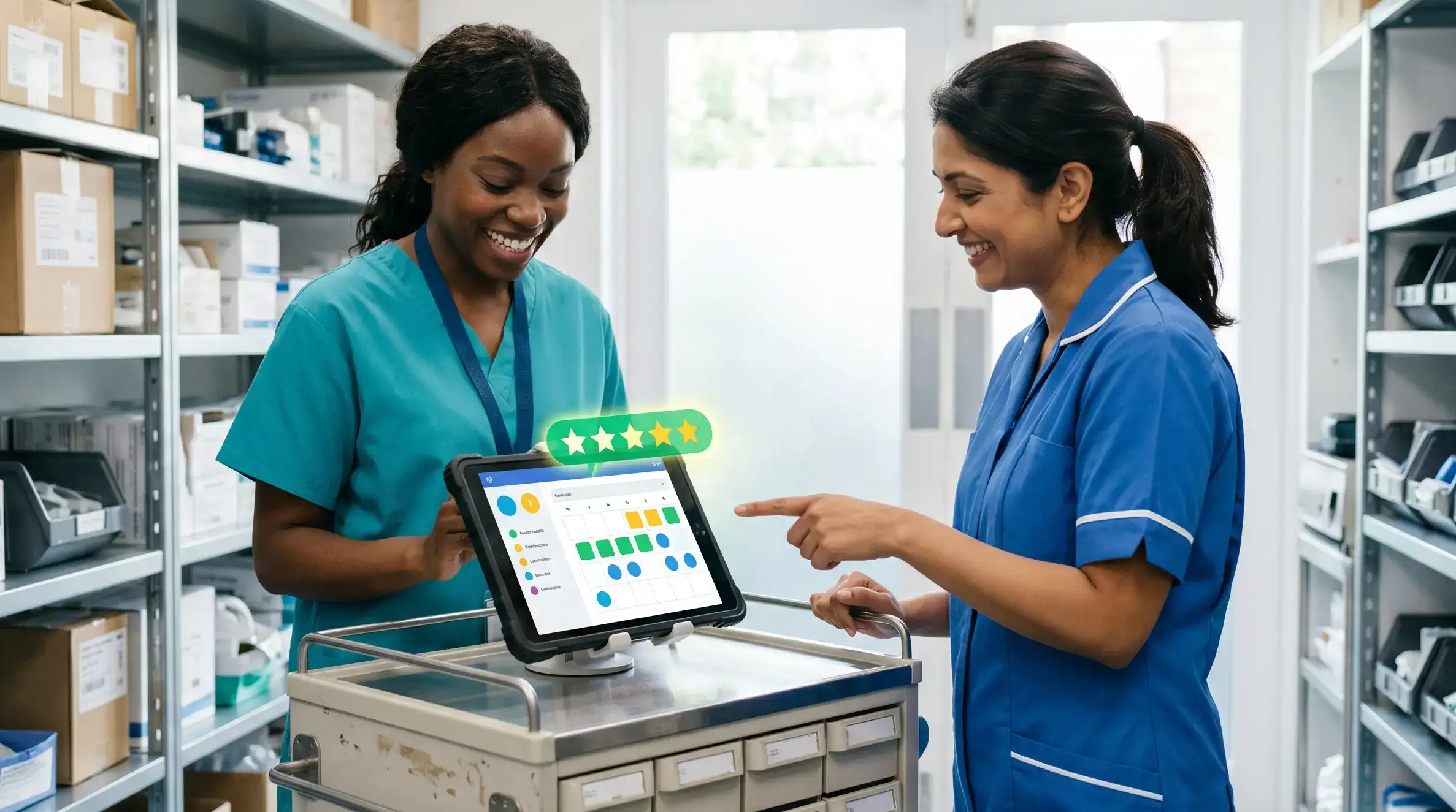 Permanent and locum staff interacting positively with a shift-bidding terminal powered by hr software for care homes.
