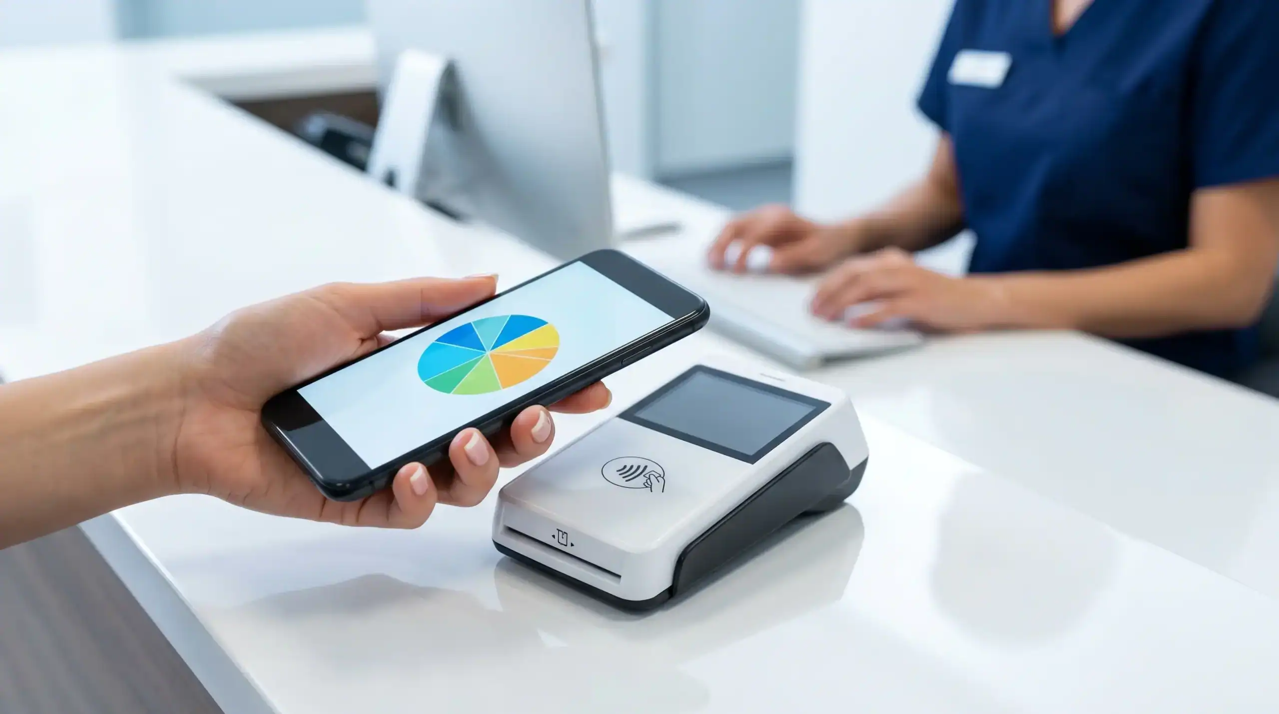 A patient completing a contactless split billing payment integrated with medical practice management software UK at a clinic reception.