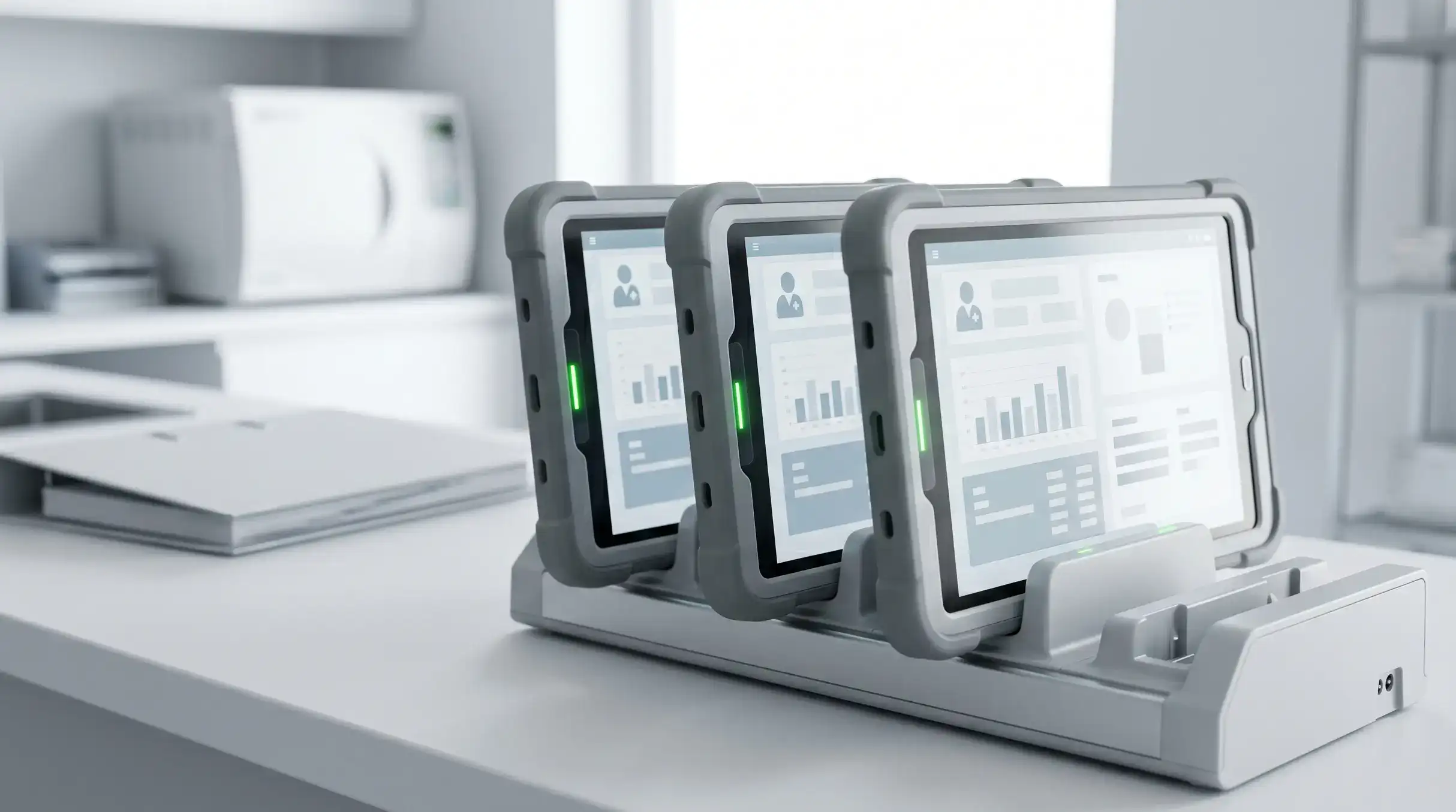 Rugged, medical-grade tablets docked in a charging station ready to run care home management software UK.