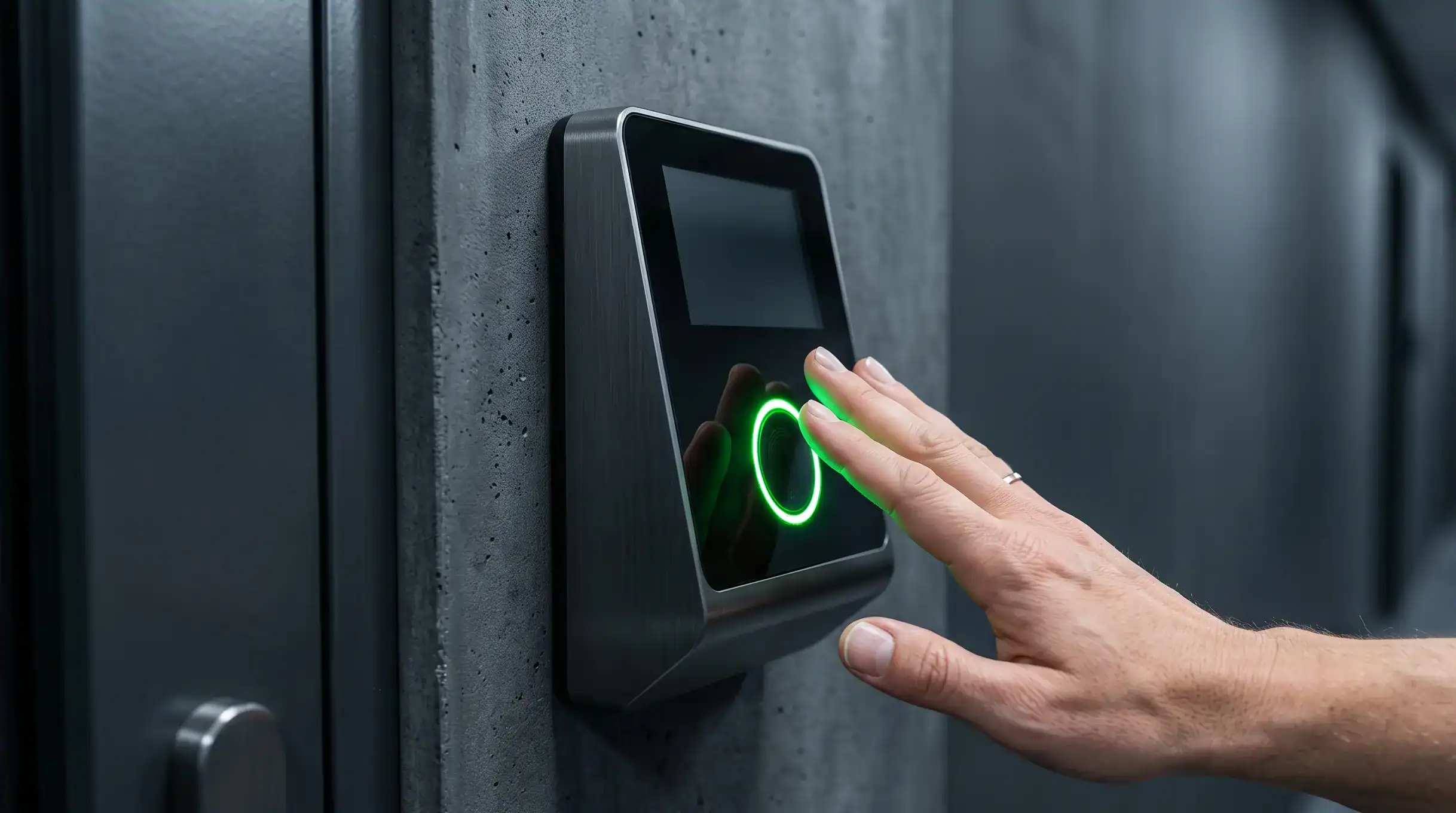 A biometric clock-in terminal preventing wage leakage, representing the accuracy of elite hr software for care homes.