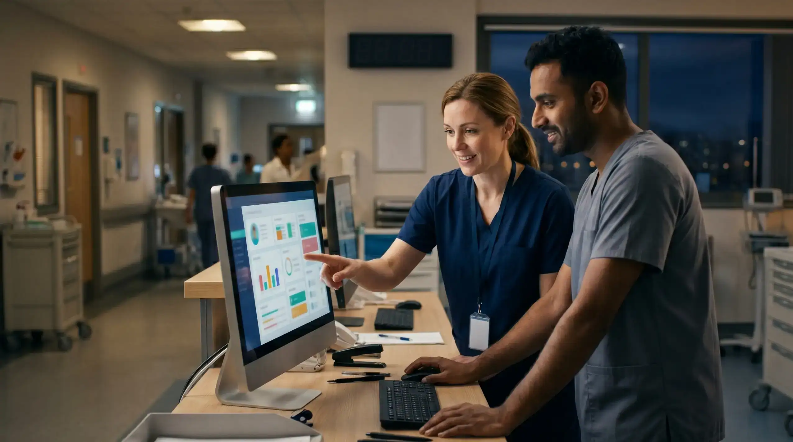 Healthcare staff saving clinical hours during a handover using advanced care home management software UK.