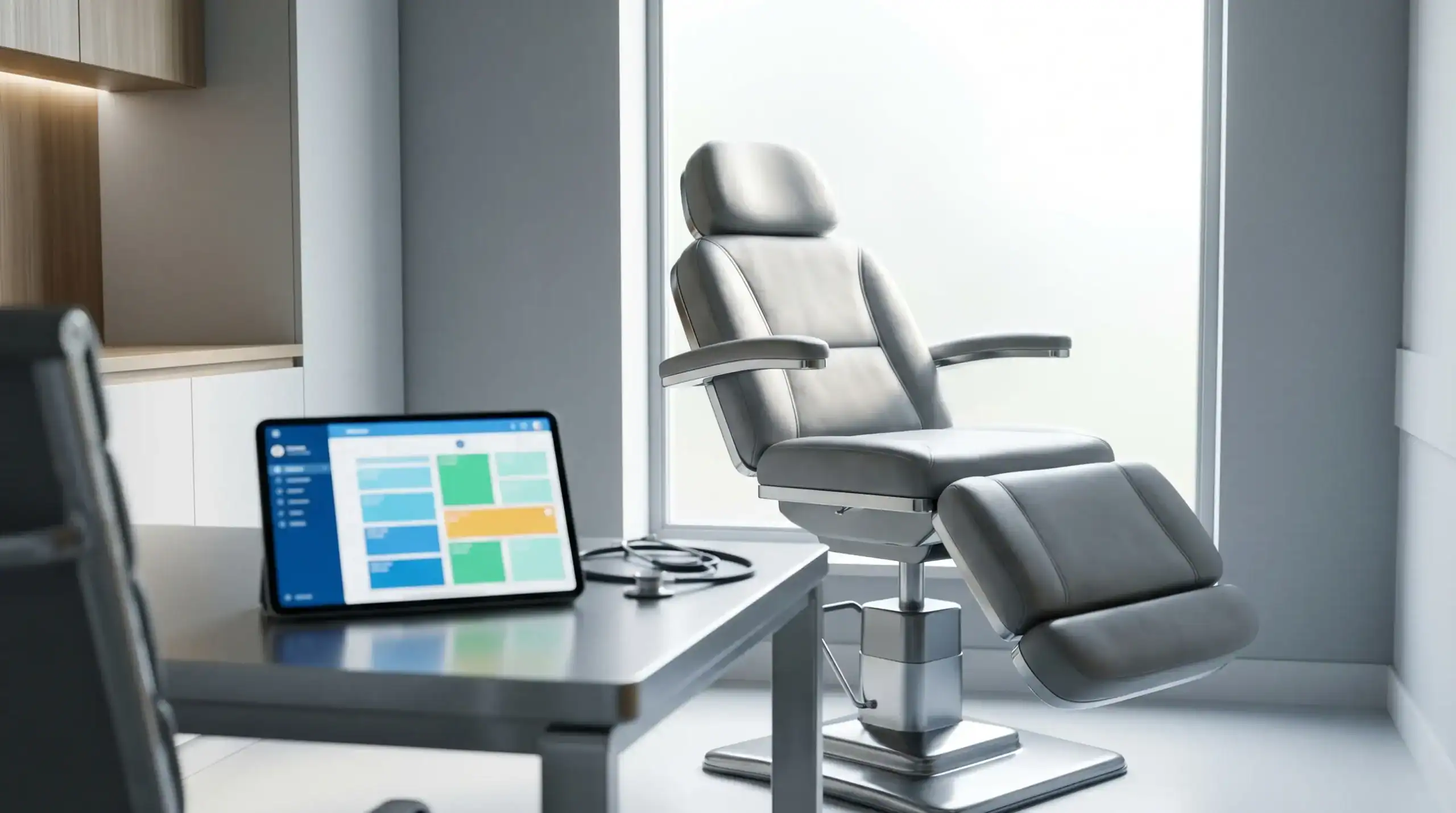 An empty clinical examination chair highlighting lost revenue mitigated by medical practice management software UK scheduling tools.