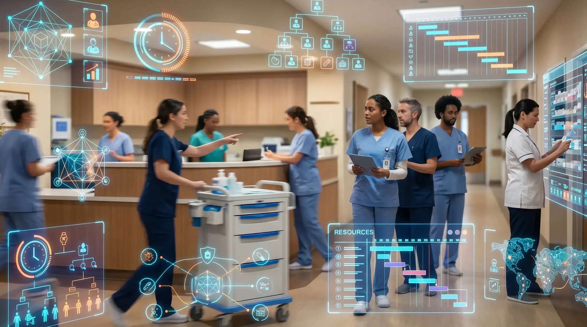 A conceptual hologram of dynamic, drag-and-drop shift scheduling native to specialised hr software for care homes.